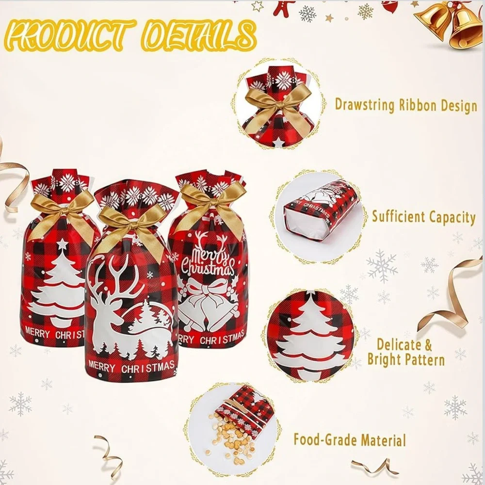 50 Christmas Red & Black Plaid Party Favor Bags with Gold Bows